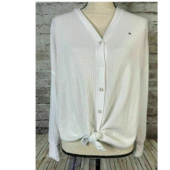 Tommy Hilfiger Women's Tie Waffle Cardigan Top - Picture 6 of 7